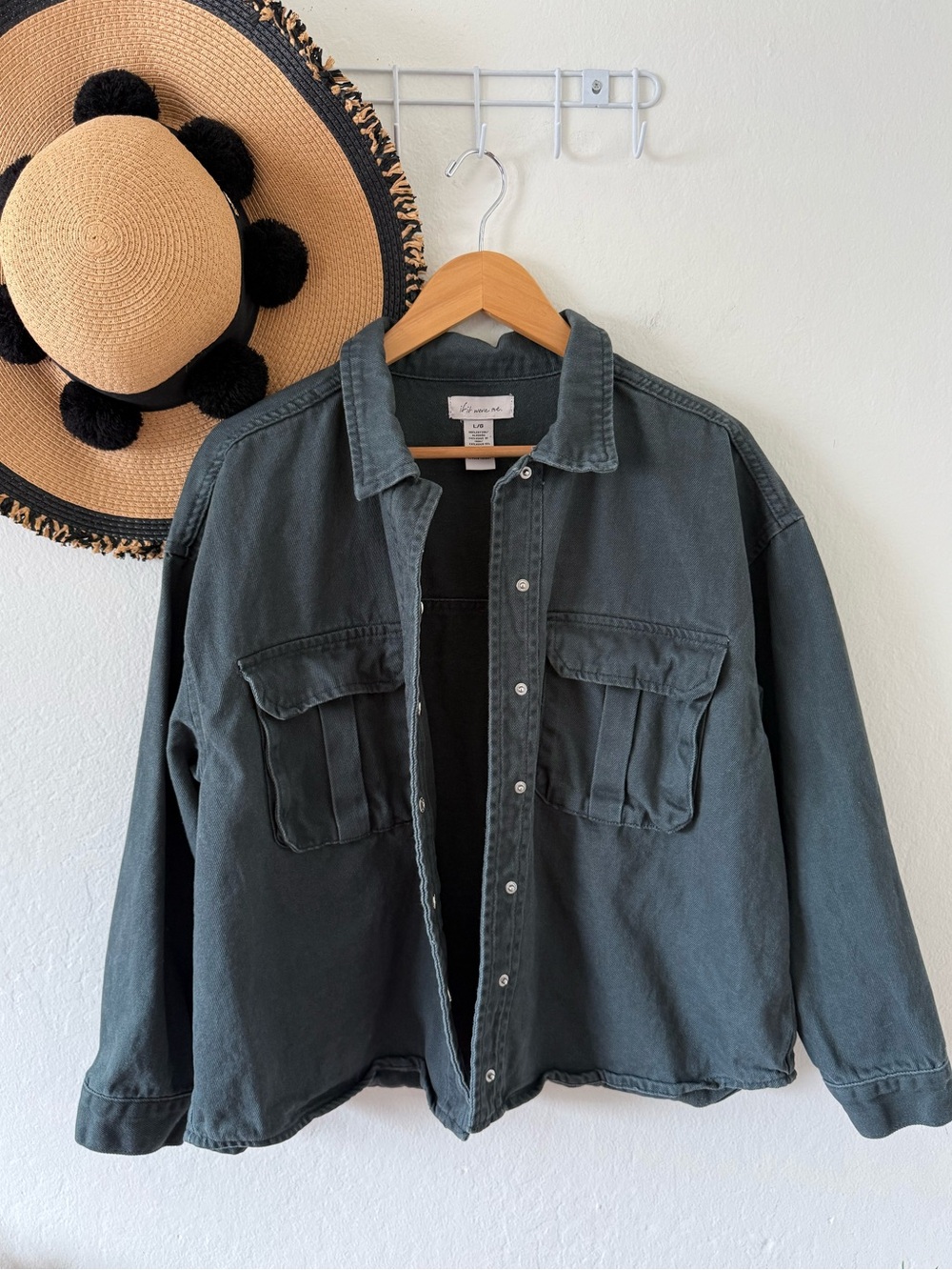 🍂🍁 If It Were Me Forest Green Snap Button Oversized Military Denim Jacket Large